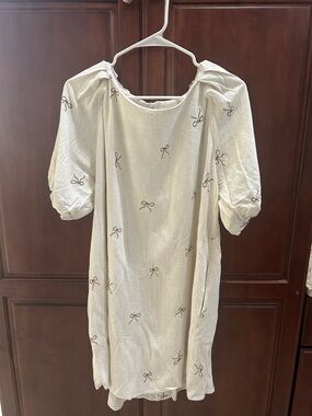 Cream Linen Shift Dress with Brown Bow Embroidery and Pockets